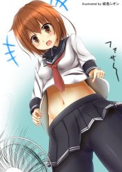 Rule 34 | 10s, 1girl, absurdres, anchor symbol, artist name, black pantyhose, blush, brown eyes, brown hair, clothes lift, electric fan, eyebrows, fang, from below, gradient background, highres, ikazuchi (kancolle), kantai collection, long sleeves, looking down, maru shion, midriff, miniskirt, neckerchief, open mouth, pantyhose, pleated skirt, red neckerchief, school uniform, serafuku, shirt lift, short hair, simple background, skirt, solo, upskirt