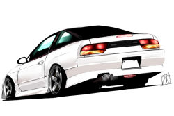 Rule 34 | car, from behind, mistrail, motor vehicle, nissan, nissan 180sx, no humans, original, shadow, signature, sports car, stance (vehicle), vehicle focus, white background