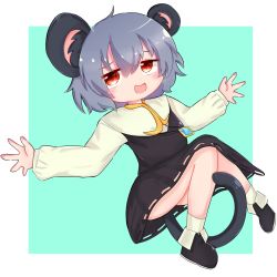 Rule 34 | 1girl, animal ears, black footwear, blue background, capelet, commentary, cookie (touhou), crystal, full body, grey hair, grey skirt, grey vest, hair between eyes, highres, jewelry, long sleeves, looking at viewer, mouse ears, mouse girl, mouse tail, nazrin, nyon (cookie), open mouth, pendant, red eyes, shirt, shoes, short hair, simple background, skirt, skirt set, smile, socks, solo, stl (dpb v), tail, touhou, two-tone background, vest, white background, white capelet, white shirt, white socks