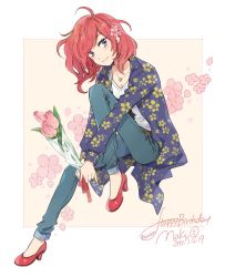 Rule 34 | 1girl, ahoge, artist name, bouquet, breasts, character name, cleavage, dated, denim, floral background, floral print, flower, hair flower, hair ornament, happy birthday, high heels, holding, holding bouquet, jacket, jeans, jewelry, karuha, knee up, long sleeves, looking at viewer, love live!, love live! school idol festival, love live! school idol project, necklace, nishikino maki, pants, print jacket, purple eyes, red footwear, red hair, shirt, shoes, short hair, smile, solo, white shirt