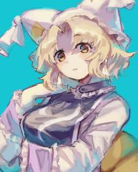 Rule 34 | 1girl, :&lt;, animal hat, blonde hair, blue tabard, commentary request, frilled shirt, frills, hat, mob cap, multiple tails, mushiao, parted bangs, shirt, short hair, sidelocks, simple background, solo, tabard, tail, touhou, upper body, white hat, white shirt, yakumo ran, yellow eyes