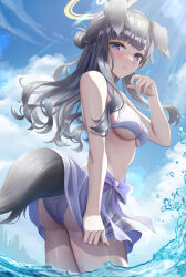 Rule 34 | 1girl, absurdres, animal ears, ass, bikini, bikini tug, black hair, blue archive, blue nails, blue sky, blush, breasts, closed mouth, cloud, cloudy sky, commentary, cowboy shot, day, dog ears, dog tail, halo, hand up, hibiki (blue archive), highres, lens flare, long hair, looking at viewer, looking down, medium breasts, mu-to, ocean, outdoors, purple bikini, purple eyes, purple ribbon, ribbon, sky, solo, standing, sunlight, swimsuit, tail, wading, wet, yellow halo