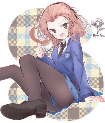 Rule 34 | 10s, 1girl, arm support, bad id, bad twitter id, black footwear, black necktie, black pantyhose, blue skirt, blue sweater, brown eyes, chibi, commentary, cup, dress shirt, emblem, fang, foreshortening, getsumen suibaku ver. a(c), girls und panzer, highres, holding, holding cup, legs, loafers, long sleeves, looking at viewer, miniskirt, necktie, open mouth, pantyhose, pleated skirt, red hair, rosehip (girls und panzer), school uniform, shirt, shoes, short hair, sitting, skirt, smile, solo, spilling, st. gloriana&#039;s (emblem), st. gloriana&#039;s school uniform, sweater, teacup, twitter username, v-neck, white shirt, wing collar