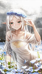 Rule 34 | 1girl, absurdres, arm support, blush, closed mouth, commentary, dangle earrings, dress, earrings, elf, flower, flower bed, frieren, frilled sleeves, frills, green eyes, hand in own hair, hand up, head wreath, highres, jewelry, long hair, looking down, nemophila (flower), outdoors, parted bangs, pointy ears, puffy short sleeves, puffy sleeves, senegalus c, short sleeves, smile, solo, sousou no frieren, thick thighs, thighs, very long hair, white dress