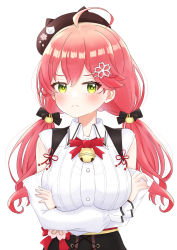 Rule 34 | 1girl, 35p (sakura miko), absurdres, ahoge, alternate costume, bell, blush, buttons, choco donatsu, closed mouth, crossed arms, green eyes, hair ornament, hairclip, hat, highres, hololive, long hair, nail polish, official alternate costume, pink hair, pink nails, sakura miko, sakura miko (casual), virtual youtuber, white background