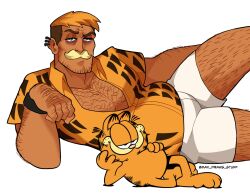 Rule 34 | 1boy, arm hair, bara, beard stubble, belly, cat boy, chest hair, dark-skinned male, dark skin, facial hair, fat, fat man, feet out of frame, garfield, garfield (character), hairy, hand hair, highres, humanization, knuckle hair, large pectorals, leg hair, limp wrist, looking at viewer, lying, male focus, mature male, on side, orange hair, pectoral cleavage, pectorals, revealyoursins, sanpaku, short shorts, shorts, smile, stubble, thick eyebrows, thick mustache, tsurime, undercut, wrinkled skin