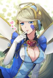 Rule 34 | 1girl, blonde hair, blue dress, blue eyes, blush, breasts, cleavage, cleavage cutout, clothing cutout, dress, duel monster, elbow gloves, facial mark, finger to mouth, gloves, hair ornament, heart, highres, hsin, large breasts, long hair, looking at viewer, parted lips, puffy short sleeves, puffy sleeves, short sleeves, smile, solo, trickstar holly angel, upper body, very long hair, white gloves, wings, yu-gi-oh!, yu-gi-oh! vrains, yuu-gi-ou, yuu-gi-ou vrains