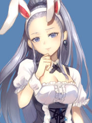 Rule 34 | 1girl, alternate costume, animal ears, black gloves, blouse, blue background, blue eyes, blush, breasts, choker, cleavage, dress, earrings, eir (fire emblem), fire emblem, fire emblem heroes, gloves, grey hair, hair ornament, jewelry, jurge, long hair, looking at viewer, medium breasts, nintendo, parted lips, ponytail, rabbit ears, shirt, smile, solo, upper body, very long hair, white shirt