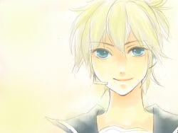 Rule 34 | 1boy, ataru (7noise), bad id, bad pixiv id, blonde hair, green eyes, kagamine len, looking at viewer, male focus, ponytail, portrait, smile, solo, vocaloid