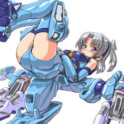 Rule 34 | 10s, 1girl, ass, bad id, bad pixiv id, breasts, busou shinki, dd (ijigendd), doll joints, elbow gloves, gloves, joints, leotard, mecha musume, purple eyes, raptias, short hair, silver hair, simple background, solo, thighhighs, twintails