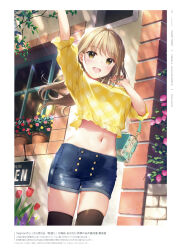 Rule 34 | 1girl, bag, blonde hair, blush, breasts, day, flower, highres, long hair, looking at viewer, medium breasts, mignon, navel, original, outdoors, short sleeves, shorts, simple background, smile, solo, stomach, teeth, thighhighs, upper teeth only, yellow eyes