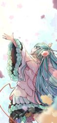 Rule 34 | 1girl, arms up, blue eyes, blue hair, cape, flower, flower skirt, flower trim, from behind, hair flower, hair ornament, hair ribbon, hatsune miku, highres, long hair, long sleeves, looking up, magical mirai (vocaloid), magical mirai miku, magical mirai miku (2021), nagitofuu, nail polish, open mouth, pleated skirt, rainbow, ribbon, rose, skirt, smile, solo, twintails, very long hair, vocaloid, wide sleeves