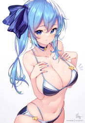 Rule 34 | 1girl, :/, alternate breast size, bikini, blue bikini, blue choker, blue eyes, blue hair, blue nails, blue ribbon, breasts, choker, cleavage, closed mouth, collarbone, commentary request, hair ribbon, high side ponytail, hololive, hong (white spider), hoshimachi suisei, large breasts, long hair, looking at viewer, navel, partial commentary, ribbon, simple background, solo, stomach, strap gap, swimsuit, virtual youtuber, white background