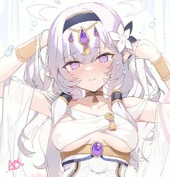 Rule 34 | 1girl, apple caramel, arms up, bare shoulders, black hairband, blue archive, breasts, closed mouth, collarbone, commentary request, flower, grey hair, hair between eyes, hair flower, hair ornament, hairband, himari (blue archive), long hair, looking at viewer, medium breasts, pointy ears, purple eyes, smile, solo, underboob, upper body, white flower