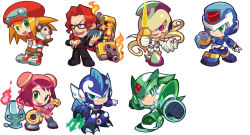 Rule 34 | 2girls, aile (mega man zx), android, arm cannon, beam saber, blonde hair, blush, blush stickers, capcom, cape, chibi, commentary request, data (mega man), elpizo (mega man), facial hair, formal, full body, glasses, gloves, goatee, green eyes, guitar, hat, heatman.exe, helmet, hood, hood up, hoodie, instrument, kin niku, layered sleeves, long hair, long sleeves, lyra (mega man), mega man: powered up, mega man (classic), mega man (series), mega man 9, mega man battle network, mega man battle network (series), mega man legends (series), mega man star force, mega man zero (series), mega man zero 2, mega man zx, model x (mega man), monkey, mr. match (mega man), multiple girls, music, notebook, ocean man, open mouth, over-1 (mega man), playing games, playing instrument, prototype design, purple eyes, purple hair, rapier, red cape, red hair, red hat, rockman xover, roll caskett (mega man), shoes, short over long sleeves, short sleeves, shorts, sidelocks, simple background, smile, snickers (brand), sonia strumm (mega man), spiked hair, suit, sword, vent (mega man), weapon, white background, white gloves