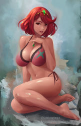 Rule 34 | 1girl, 2020, bare arms, bare shoulders, barefoot, bikini, breasts, cleavage, female focus, gem, halterneck, headpiece, highres, jewelry, justin paul, large breasts, lips, looking at viewer, matching hair/eyes, navel, nintendo, parted lips, pyra (xenoblade), red bikini, red eyes, red hair, short hair, side-tie bikini bottom, signature, sitting, smile, solo, string bikini, swept bangs, swimsuit, tiara, twitter username, watermark, web address, xenoblade chronicles (series), xenoblade chronicles 2, yokozuwari