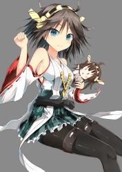 Rule 34 | 10s, 1girl, black hair, blue eyes, blush stickers, boots, brown hair, character doll, grey background, hairband, headgear, hiei (kancolle), highres, kantai collection, kongou (kancolle), looking at viewer, nontraditional miko, pantyhose, short hair, simple background, skirt, smile, sune (mugendai), suneo, thigh boots, thighhighs, wide sleeves