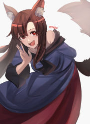 Rule 34 | 1girl, animal ears, black nails, blush, brown hair, daweykun, dress, fangs, fingernails, grey dress, highres, imaizumi kagerou, long fingernails, long hair, long sleeves, nail polish, open mouth, red dress, red eyes, sharp fingernails, signature, simple background, smile, solo, tail, touhou, white background, wolf ears, wolf tail