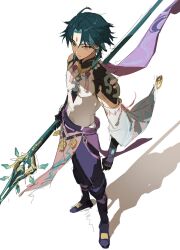 Rule 34 | 1boy, bead necklace, beads, black gloves, black hair, blue hair, closed mouth, facial mark, forehead mark, full body, genshin impact, gloves, highres, holding, holding polearm, holding weapon, jewelry, male focus, multicolored hair, narishln, necklace, polearm, primordial jade winged-spear (genshin impact), shadow, simple background, sketch, solo, spear, tassel, weapon, white background, xiao (genshin impact), yellow eyes