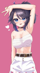 Rule 34 | 1girl, :p, absurdres, arm up, armpits, bandages, bare arms, bare shoulders, belt, black belt, black choker, black hair, blue eyes, blush, breasts, chest sarashi, choker, cleavage, collarbone, commentary request, cowboy shot, heart, highres, indie virtual youtuber, kson, large breasts, looking at viewer, midriff, navel, pants, pink background, ponytail, sarashi, short hair, simple background, solo, souchou, standing, stomach, strapless, sudou (s7 d8), tongue, tongue out, tube top, virtual youtuber, w, white pants
