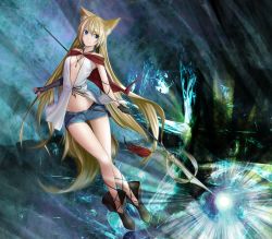 Rule 34 | 1girl, animal ears, ankle lace-up, asymmetrical clothes, bad id, bad pixiv id, bare legs, blonde hair, blue eyes, boots, breasts, cape, cave, center opening, cleavage, cross-laced footwear, cutoffs, denim, denim shorts, fingerless gloves, fox ears, fox tail, gloves, long hair, maco (wondermind), open fly, original, short shorts, shorts, smile, solo, staff, sunburst, tail, thigh gap, thighs, unzipped