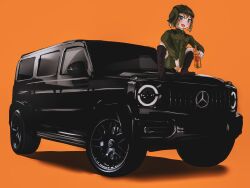 Rule 34 | 1girl, black headwear, blonde hair, boots, bottle, brown footwear, girls und panzer, green jacket, green shorts, highres, holding, holding bottle, jacket, katyusha (girls und panzer), mercedes-benz, mercedes-benz g-class, motor vehicle, nougat (73r1r1), open mouth, orange background, shadow, short hair, shorts, solo, sports utility vehicle, squatting, v-shaped eyebrows, vehicle focus