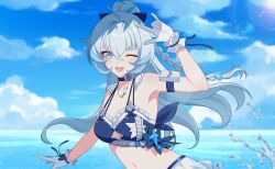 Rule 34 | 1girl, :d, absurdres, armpits, bare shoulders, bikini, blue bikini, blue choker, blue eyes, blue hair, blue sky, bow, braid, breasts, choker, cleavage, cloud, cloudy sky, day, gloves, hair between eyes, hair bow, highres, honkai (series), honkai impact 3rd, jewelry, long hair, looking at viewer, medium breasts, mumu123, navel, necklace, ocean, one eye closed, open mouth, outdoors, ponytail, red pupils, shigure kira, sky, smile, solo, summer, swimsuit, water, white gloves