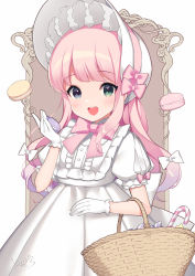 Rule 34 | 1girl, :d, basket, blue eyes, blush, bonnet, bow, bowtie, candy, candy cane, commentary request, dress, food, frilled dress, frills, gloves, gradient hair, green eyes, hair bow, heterochromia, highres, himemori luna, holding, holding food, hololive, long hair, looking at viewer, multicolored hair, nyasunyadoora, open mouth, pink bow, pink hair, pleated skirt, puffy short sleeves, puffy sleeves, short sleeves, signature, simple background, skirt, smile, solo, teeth, upper teeth only, virtual youtuber, white bow, white gloves, white headwear