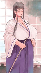 Rule 34 | 1girl, :o, black eyes, black hair, blue skirt, blush, breasts, chestnut mouth, cleavage, eyelashes, female focus, glasses, highres, holding, huge breasts, japanese clothes, leaf, long hair, long skirt, looking at viewer, mature female, miko, mole, mole on breast, mole under eye, original, pinku, skirt, solo, wide sleeves, wooden floor