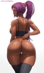 Rule 34 | 1girl, arm behind back, artist name, ass, back, bare arms, black bra, black thighhighs, bleach, bra, breasts, closed mouth, commentary, dark-skinned female, dark skin, english commentary, eyelashes, hair ornament, hair scrunchie, half-closed eyes, highres, large breasts, lips, long hair, looking at viewer, looking back, nose, orange panties, orange scrunchie, panties, ponytail, purple hair, scrunchie, shihouin yoruichi, sidelocks, sideways glance, simple background, smile, solo, string panties, superbusty, thigh gap, thighhighs, thighs, underwear, wedgie, white background, wide hips, yellow eyes
