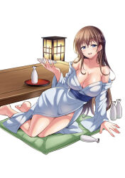 Rule 34 | 1girl, barefoot, blush, boku no kanojo sensei, breasts, brown hair, cleavage, crossed bangs, cushion, drinking, earrings, feet, female focus, fujiki maka, hand up, highres, holding, japanese clothes, jewelry, kimono, large breasts, legs, long hair, looking at viewer, no bra, no panties, off-shoulder kimono, off shoulder, oryo (oryo04), parted lips, purple eyes, sdwing, simple background, sitting, smile, solo, table, thighs, white background, yukata