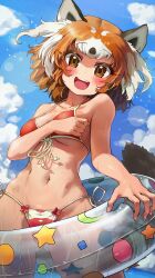 Rule 34 | 1girl, :d, absurdres, animal ears, bare arms, bare shoulders, bikini, blue sky, blush, breasts, brown eyes, cloud, collarbone, commentary, day, dot nose, front-tie bikini top, front-tie top, gluteal fold, highres, innertube, kemono friends, lens flare, lesser panda (kemono friends), looking at viewer, medium breasts, medium hair, melaton, multicolored hair, navel, open mouth, orange hair, outdoors, red panda ears, red panda tail, side-tie bikini bottom, sky, smile, solo, stomach, string bikini, swim ring, swimsuit, tail, two-tone hair, white hair
