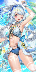 1girl absurdres alternate_breast_size arm_up armpits bikini blue_bikini blue_hairband blue_sky body_markings breasts collarbone cowboy_shot day fingerless_gloves fish-shaped_pupils genshin_impact gloves hairband highres kiramarukou large_breasts mualani_(genshin_impact) navel one_eye_closed open_mouth red_eyes shark sky sling_bikini_top solo stomach swimsuit tan water white_gloves white_hair