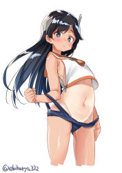 Rule 34 | 1girl, black eyes, blazer, blue hair, blue one-piece swimsuit, clothes pull, crop top, cropped legs, ebifurya, gluteal fold, gradient hair, headgear, highres, i-400 (kancolle), jacket, kantai collection, long hair, looking at viewer, multicolored hair, navel, one-piece swimsuit, one-piece swimsuit pull, one-piece tan, orange sailor collar, sailor collar, shirt, simple background, sleeveless, sleeveless shirt, solo, standing, stomach, strap slip, swimsuit, tan, tanline, tareme, thighs, twitter username, undressing, white background, white shirt