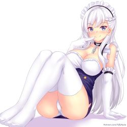 Rule 34 | 1girl, arm support, azur lane, belfast (azur lane), blue eyes, blush, braid, breasts, chain, cleavage, collar, elbow gloves, finger to mouth, french braid, frilled gloves, frills, gloves, hair between eyes, highres, large breasts, long hair, looking at viewer, maid, maid headdress, nottytiffy, panties, pantyshot, patreon username, sitting, smile, solo, underwear, very long hair, watermark, web address, white background, white gloves, white hair, white panties