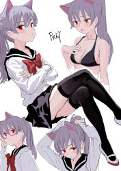 Rule 34 | 1girl, adjusting eyewear, adjusting hair, animal ears, artist name, bare arms, bare shoulders, bespectacled, black bra, black skirt, blush, bow, bra, breasts, cat ears, cleavage, collarbone, commentary request, crossed arms, crossed legs, feiqizi (fkey), fkey, full body, glasses, hair between eyes, hand on own chest, highres, long hair, looking at viewer, medium breasts, miniskirt, multiple views, open mouth, original, pink-framed eyewear, ponytail, red bow, red eyes, red neckwear, round eyewear, sailor collar, school uniform, serafuku, shoes, silver hair, simple background, sitting, sketch, skirt, thighs, underwear, upper body, white background, white footwear