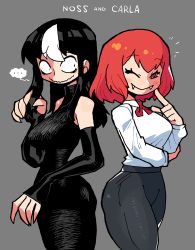 Rule 34 | ..., 2girls, absurdres, bags under eyes, black dress, black hair, carla carmilla (rariatto), closed mouth, collared shirt, detached sleeves, dress, fangs, fangs out, grey background, grey pants, hand up, highres, long hair, long sleeves, looking at viewer, medium hair, multicolored hair, multiple girls, neck ribbon, noss (rariatto), notice lines, one eye closed, orange eyes, orange hair, original, pants, rariatto (ganguri), ribbon, shirt, simple background, smile, spoken ellipsis, streaked hair, vampire, wavy mouth, white shirt, wing collar