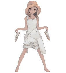 Rule 34 | 1girl, bare shoulders, barefoot, brown eyes, dress, flat chest, frown, hat, highres, holding, holding shoes, light brown hair, mocha (snowflake), original, shoes, unworn shoes, simple background, solo, standing, toes, white background, white dress