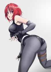 Rule 34 | 1girl, ass, bodysuit, breasts, capcom, dino crisis, fingerless gloves, fujikawa daichi, gloves, hair between eyes, leotard, open mouth, red eyes, red hair, regina (dino crisis), short hair, simple background, skin tight, solo, white background