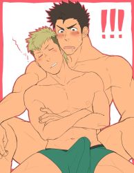 Rule 34 | 2boys, abs, bara, blush, bulge, chunchunmen, drooling, erection, erection under clothes, flat color, male focus, multiple boys, muscular, nude, pectorals, saliva, topless male, sleeping, sweat, underwear, white background, yaoi