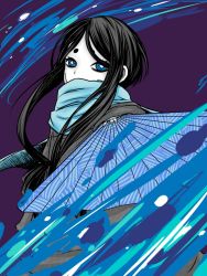 Rule 34 | 1girl, abyss-m, black hair, blue eyes, hand fan, magical girl, magical girl apocalypse, mahou shoujo of the end, scarf