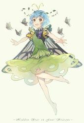 Rule 34 | 1girl, antennae, blue hair, butterfly wings, copyright name, dress, ekita kuro, eternity larva, green dress, hidden star in four seasons, highres, insect wings, leaf, open mouth, short hair, simple background, solo, touhou, wings, yellow background, yellow eyes