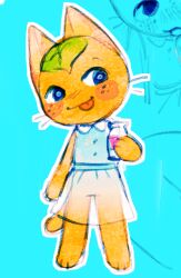 Rule 34 | 1girl, animal crossing, animal ears, animal feet, animal hands, arm at side, bare shoulders, barefoot, blue background, blue eyes, blush, blush stickers, body fur, bottle, cat ears, cat girl, cat tail, closed mouth, collared dress, dress, female focus, flat chest, full body, furry, furry female, hand up, happy, hoesmadder, holding, holding bottle, leaf, leaf on head, legs, looking to the side, multiple views, nintendo, nose blush, orange fur, outline, partially colored, see-through, see-through dress, sleeveless, sleeveless dress, smile, standing, tail, tangy (animal crossing), tongue, tongue out, whiskers, white outline