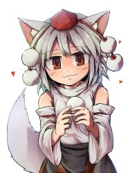 Rule 34 | 1girl, animal ears, detached sleeves, hat, heart, highres, inubashiri momiji, kusiyan, looking at viewer, pom pom (clothes), red eyes, red hat, silver hair, simple background, solo, tail, tokin hat, touhou, wavy mouth, white background, wolf ears, wolf tail