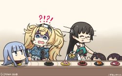 Rule 34 | !?, 5girls, akagi (kancolle), beret, black gloves, black hair, blonde hair, blue eyes, blue hair, blue shirt, breast pocket, breasts, check commentary, choukai (kancolle), collared shirt, commentary request, conveyor belt, conveyor belt sushi, dated, disembodied head, food, gambier bay (kancolle), glasses, gloves, hair ornament, hairband, hamu koutarou, hat, unworn hat, hatsukaze (kancolle), headgear, headless, unworn headwear, highres, hime cut, kaga (kancolle), kantai collection, large breasts, long hair, megahiyo (style), midriff, multiple girls, parody, pocket, remodel (kantai collection), rimless eyewear, shaded face, shirt, sparkle, style parody, sushi, sweat, translated, twintails