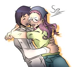 1boy 1girl _ closed_eyes couple digimon digimon_adventure_02 glasses happy highres hug ichijouji_ken inoue_miyako pink_hair smile