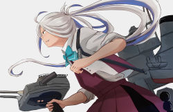 Rule 34 | 1girl, adapted turret, ahoge, aqua bow, aqua bowtie, asashimo (kancolle), asashimo kai ni (kancolle), blazer, bow, bowtie, cannon, commentary request, cowboy shot, dress, grey eyes, hair over one eye, halterneck, highres, jacket, kantai collection, kuragare, long hair, machinery, ponytail, purple dress, school uniform, silver hair, sleeves rolled up, solo, turret