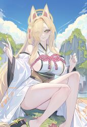 Rule 34 | 1girl, absurdres, animal ears, barefoot, blue archive, blue sky, blush, breasts, echj, fox ears, hair over one eye, hairband, hakama, halo, highres, japanese clothes, kaho (blue archive), kimono, large breasts, legs, long hair, looking at viewer, mole, mole under mouth, nail polish, orange hairband, orange halo, outdoors, sideboob, sitting, sky, sleeveless, sleeveless kimono, smile, solo, thick eyebrows, thighs, very long hair, white hakama, white kimono, wide sleeves, yellow eyes, yellow hairband, yellow halo