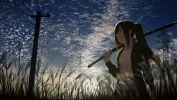 Rule 34 | 1girl, arm at side, black hair, black jacket, blue sky, carrying over shoulder, closed mouth, cloud, from below, grass, holding, holding sword, holding weapon, jacket, katana, light smile, long hair, long sleeves, looking away, mage (replica), nail polish, open clothes, open jacket, outdoors, pink nails, plant, ponytail, power lines, red eyes, sky, solo, swept bangs, sword, touran-sai, transmission tower, twilight, upper body, utility pole, utility pole (object), weapon
