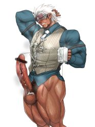 Rule 34 | 1boy, ace attorney, arm behind head, bar censor, bara, beard, black hair, blush, censored, coffee mug, cum, cum on body, cum on clothes, cup, ear piercing, earrings, erection, facial hair, feet out of frame, godot (ace attorney), hairy, highres, huge penis, jewelry, kuromine hiraya, long sleeves, looking at viewer, male focus, manly, mature male, mug, muscular, muscular male, necktie, penis, phoenix wright: ace attorney - trials and tribulations, piercing, pubic hair, shirt, short hair, simple background, smirk, solo, spiked hair, steam, steaming body, sweat, sweatdrop, tan, teeth, testicles, thick arms, thick thighs, thighs, white background, white hair